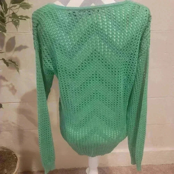 Jeanne Pierre V-Neck Techno Knit Cotton Fishnet Pullover Sweater SIZE SMALL GRN - Picture 3 of 5